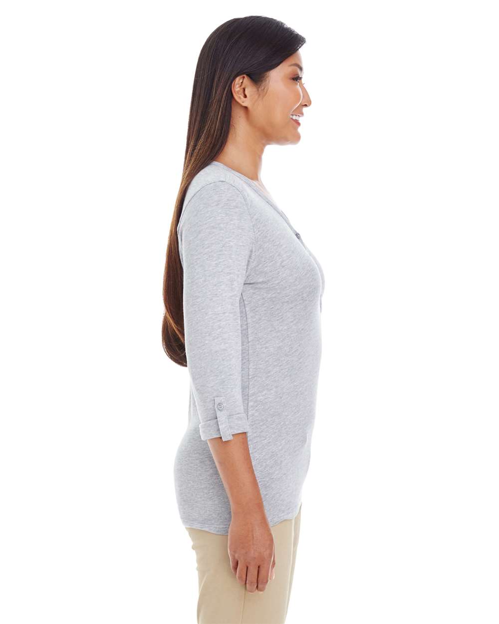 Women's Perfect Fit™ Y-Placket Convertible Sleeve Knit Top - OnModelSide - B723B2352 - Grey Heather