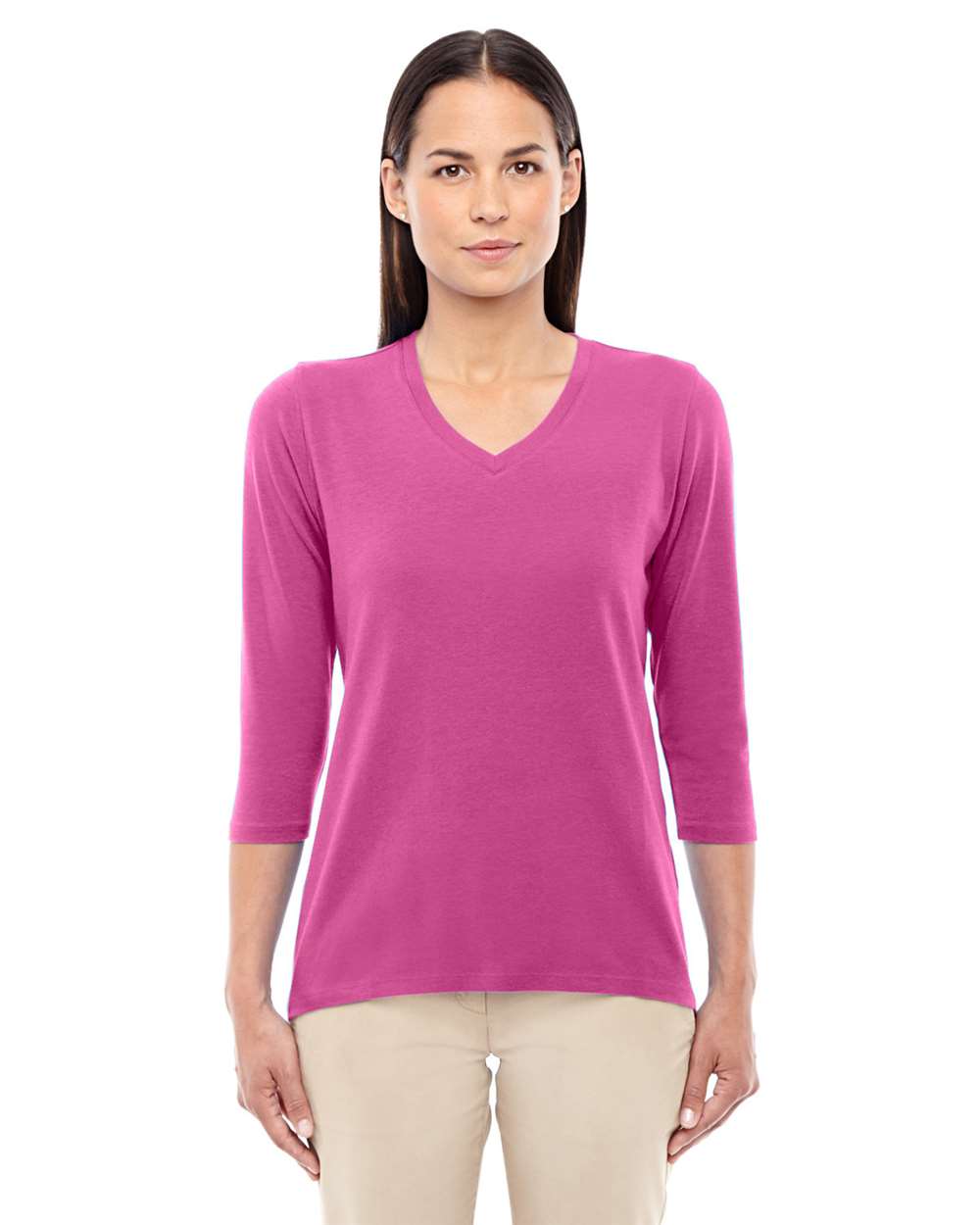 Women's Perfect Fit™ Bracelet-Length V-Neck Top - OnModelFront - B722B2302 - Charity Pink