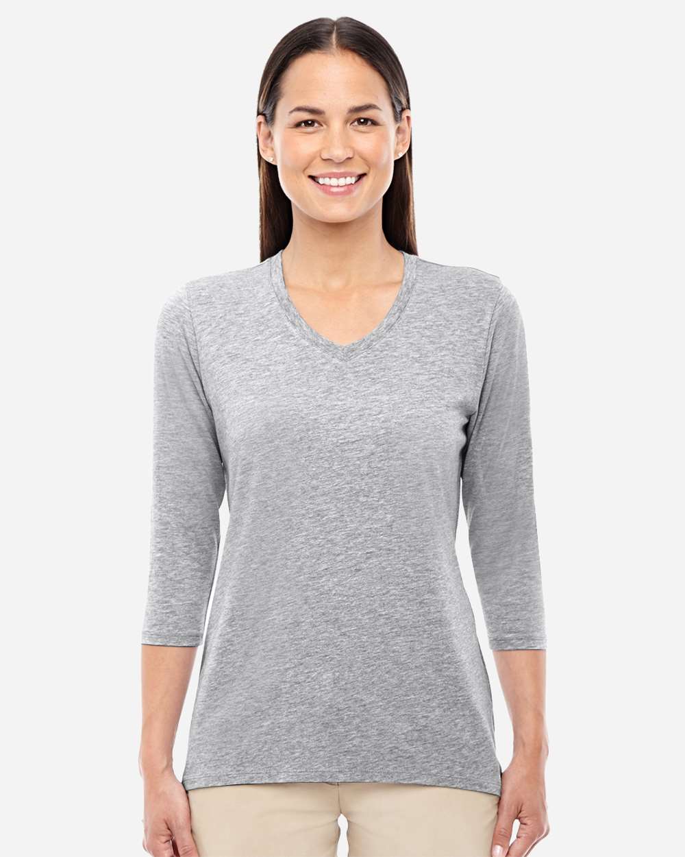 Women's Perfect Fit™ Bracelet-Length V-Neck Top - OnModelFront - B722B2352 - GREY HEATHER
