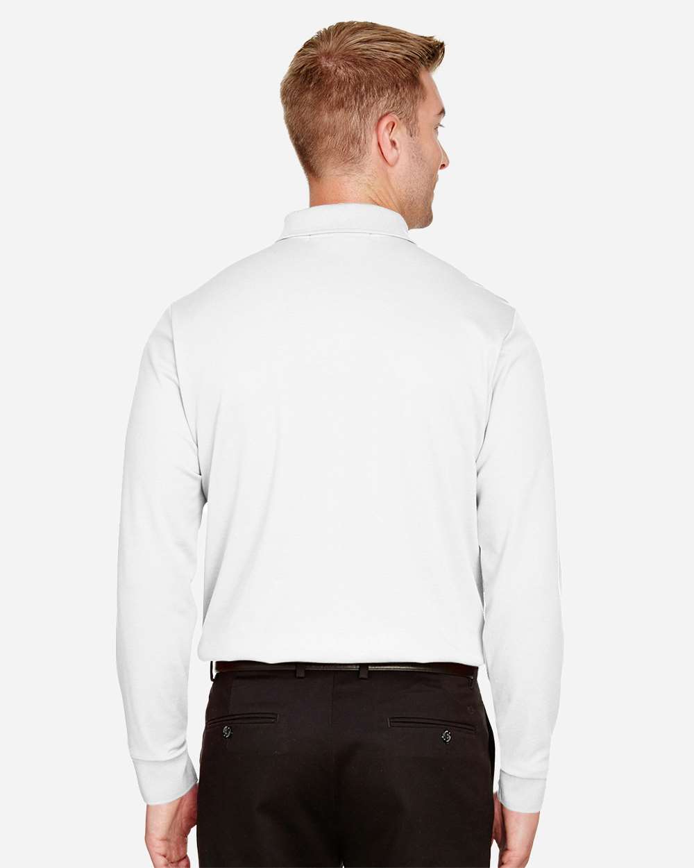 Men's CrownLux Performance® Plaited Long Sleeve Polo - OnModelBack - B635B2002 - White