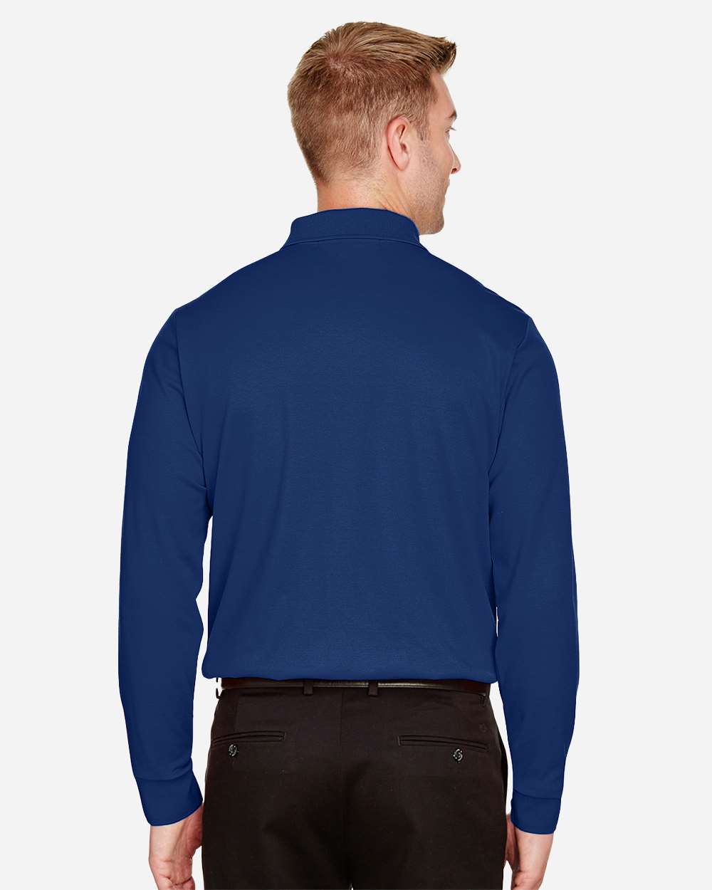 Men's CrownLux Performance® Plaited Long Sleeve Polo - OnModelBack - B635B2752 - True Royal