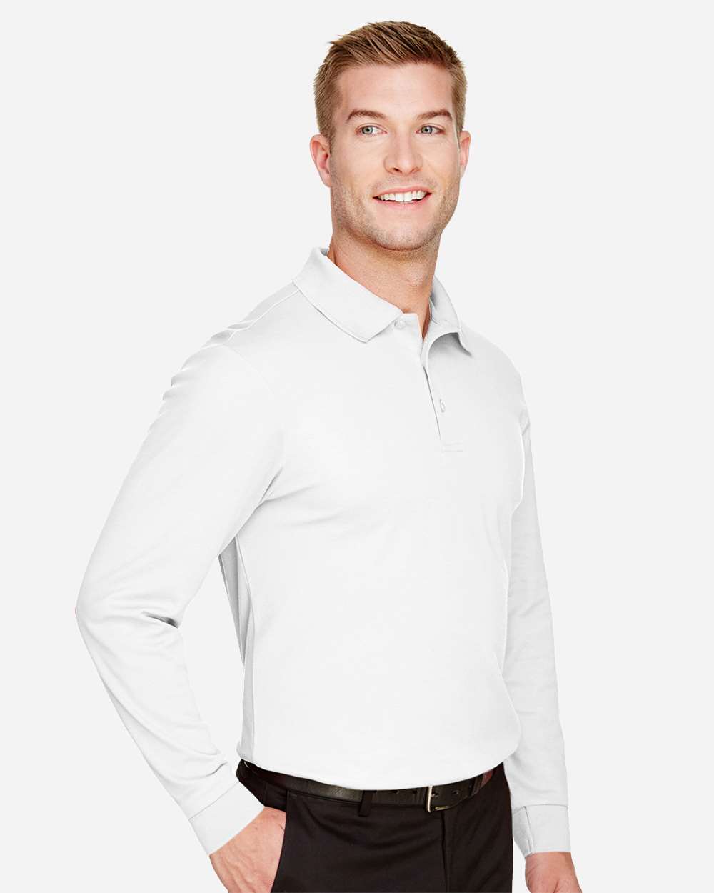 Men's CrownLux Performance® Plaited Long Sleeve Polo - OnModelSide - B635B2002 - White