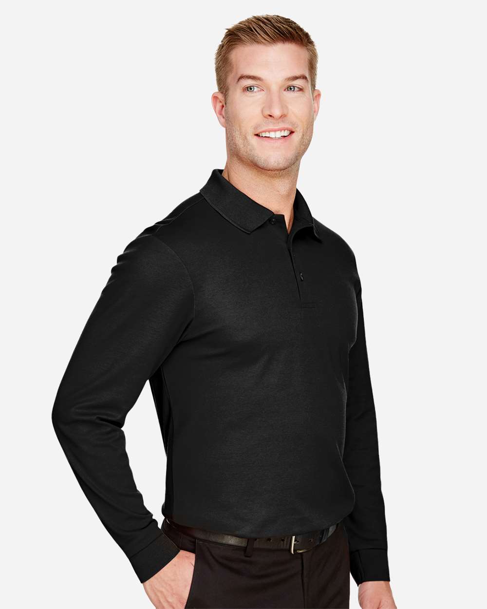 Men's CrownLux Performance® Plaited Long Sleeve Polo - OnModelSide - B635B2502 - Black
