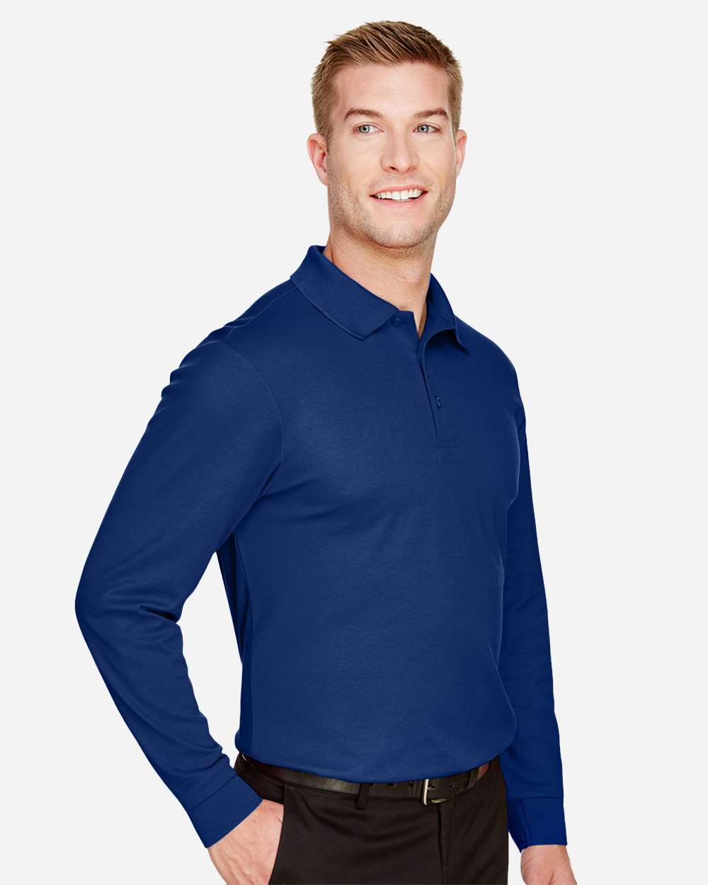 Men's CrownLux Performance® Plaited Long Sleeve Polo - OnModelSide - B635B2752 - True Royal