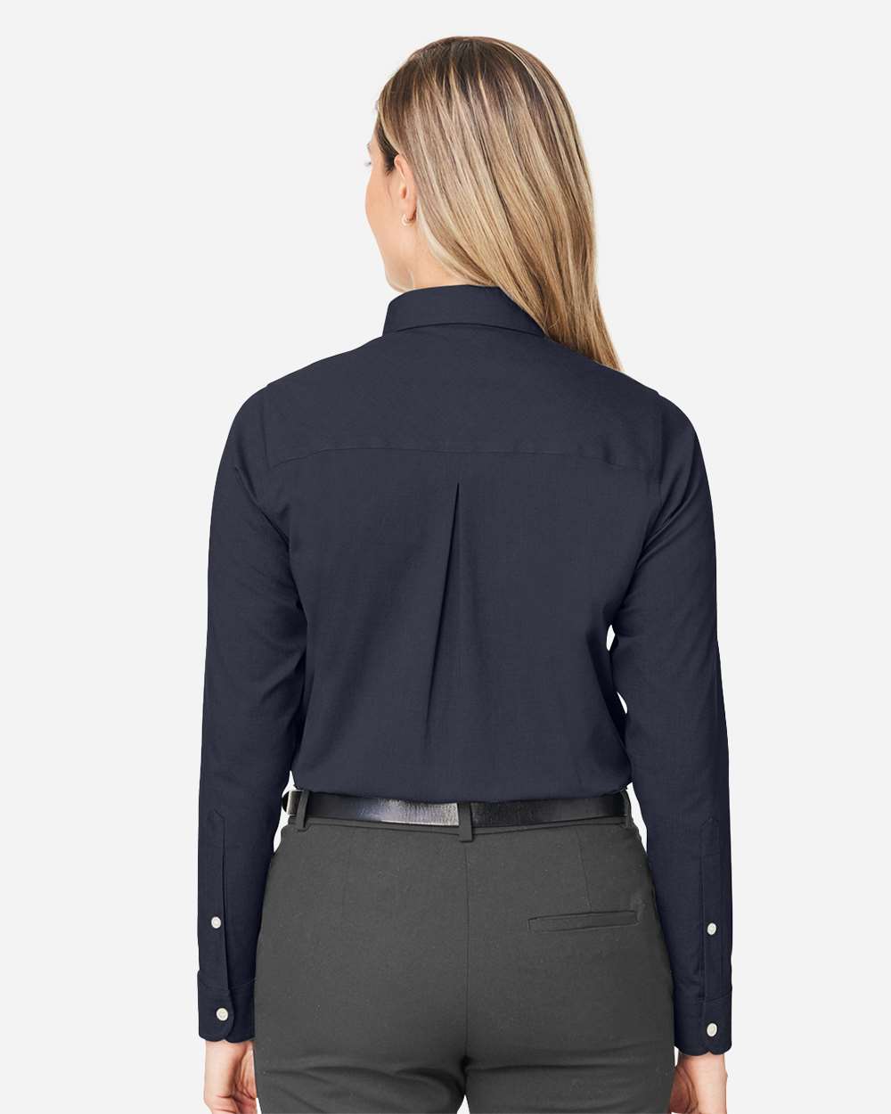 Women's CrownLux Performance® Spencer Poplin Dress Shirt - OnModelBack - B670B2652 - Navy Melange