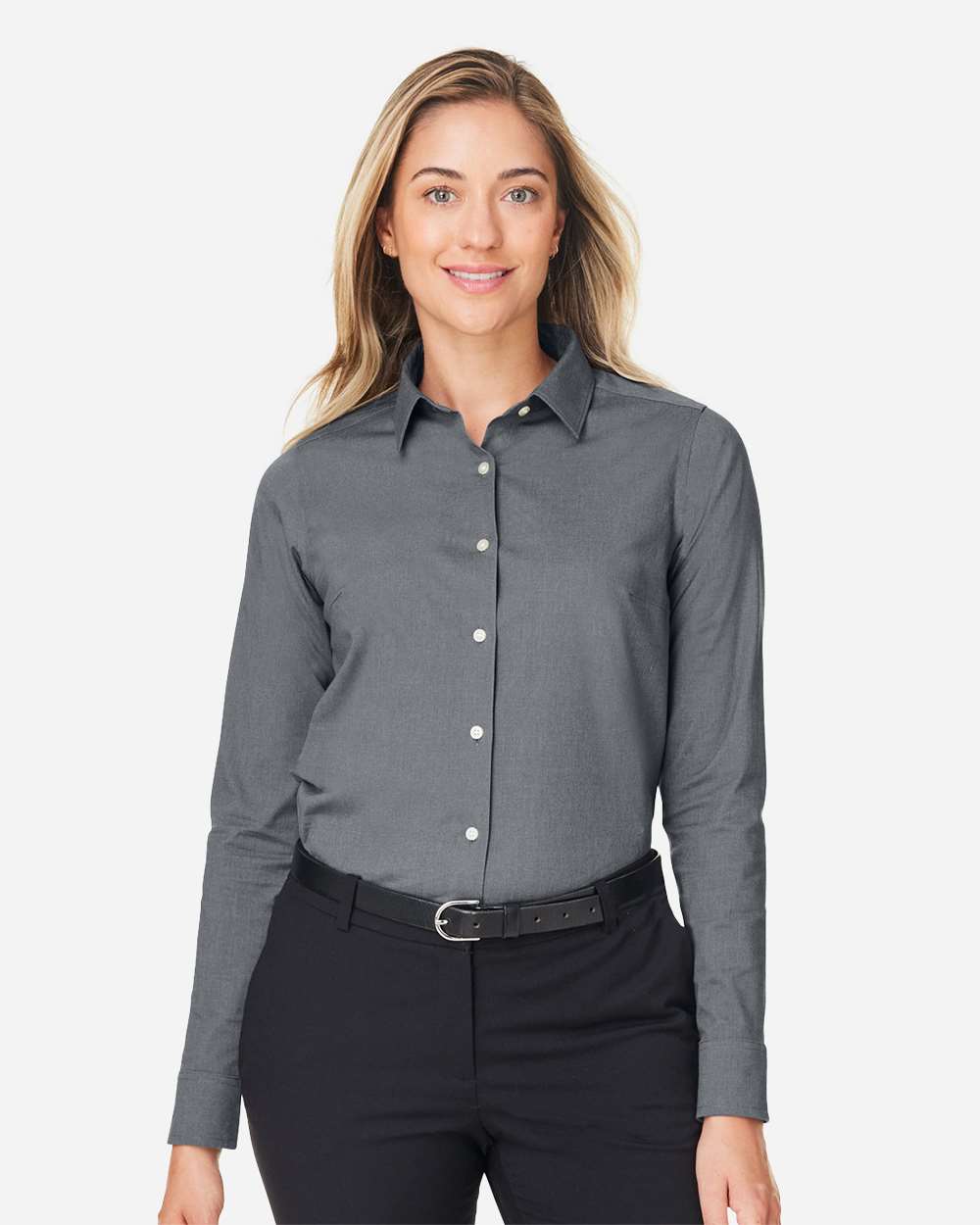 Women's CrownLux Performance® Spencer Poplin Dress Shirt - OnModelFront - B670B2132 - Graphite Melange
