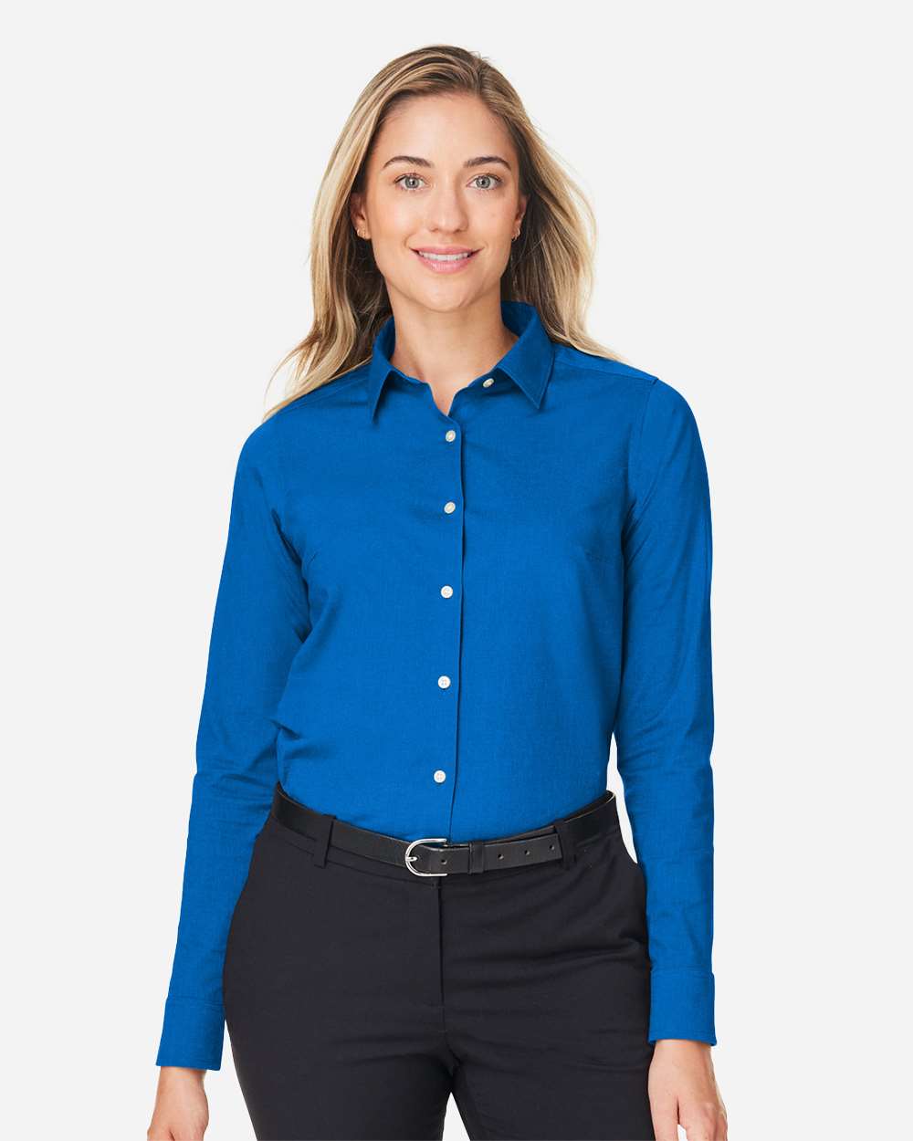 Women's CrownLux Performance® Spencer Poplin Dress Shirt - OnModelFront - B670B2252 - French Blue Melange