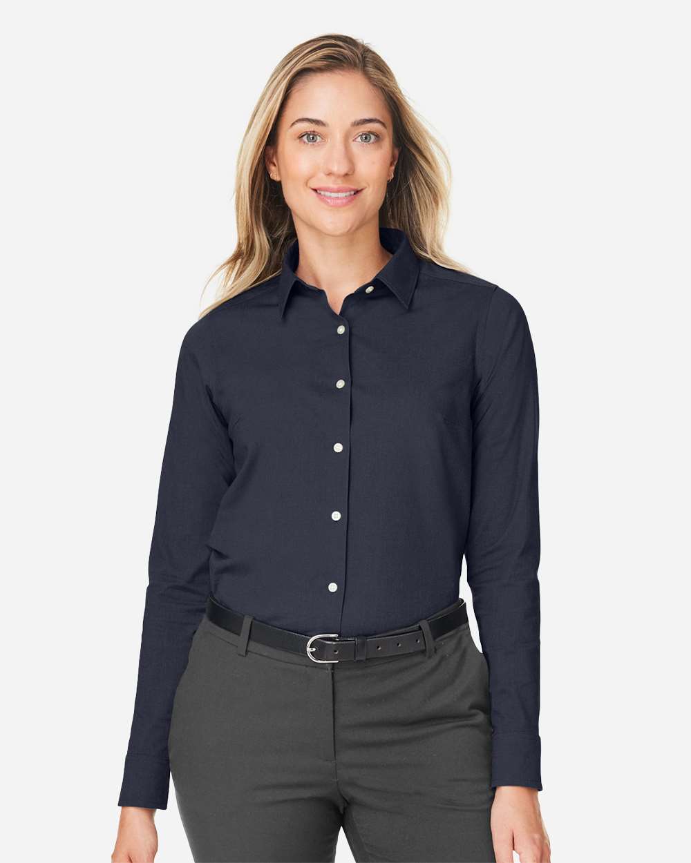 Women's CrownLux Performance® Spencer Poplin Dress Shirt - OnModelFront - B670B2652 - Navy Melange