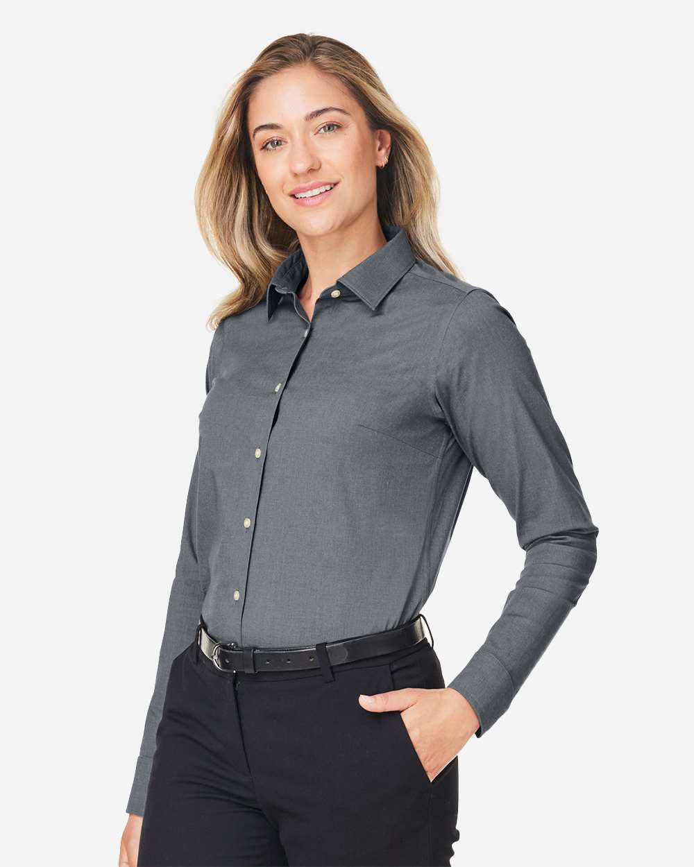 Women's CrownLux Performance® Spencer Poplin Dress Shirt - OnModelSide - B670B2132 - Graphite Melange