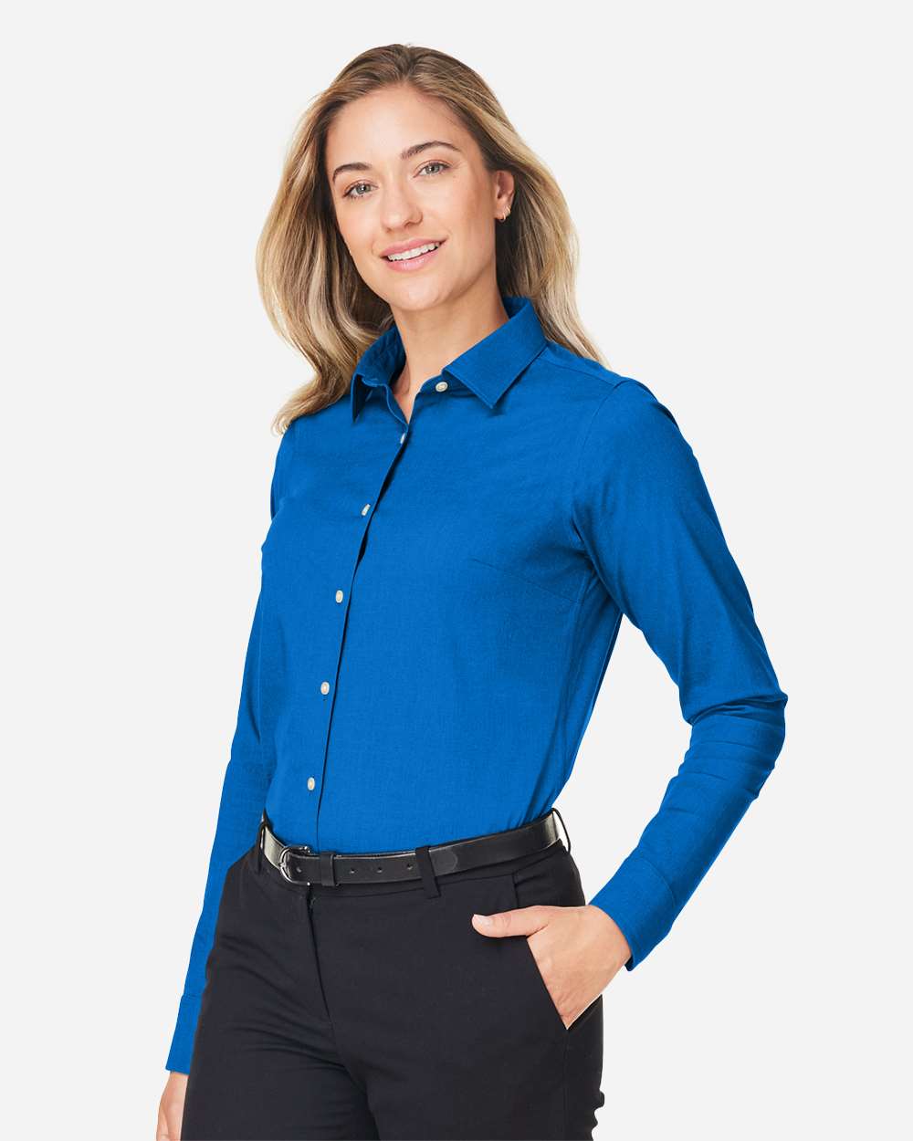 Women's CrownLux Performance® Spencer Poplin Dress Shirt - OnModelSide - B670B2252 - French Blue Melange