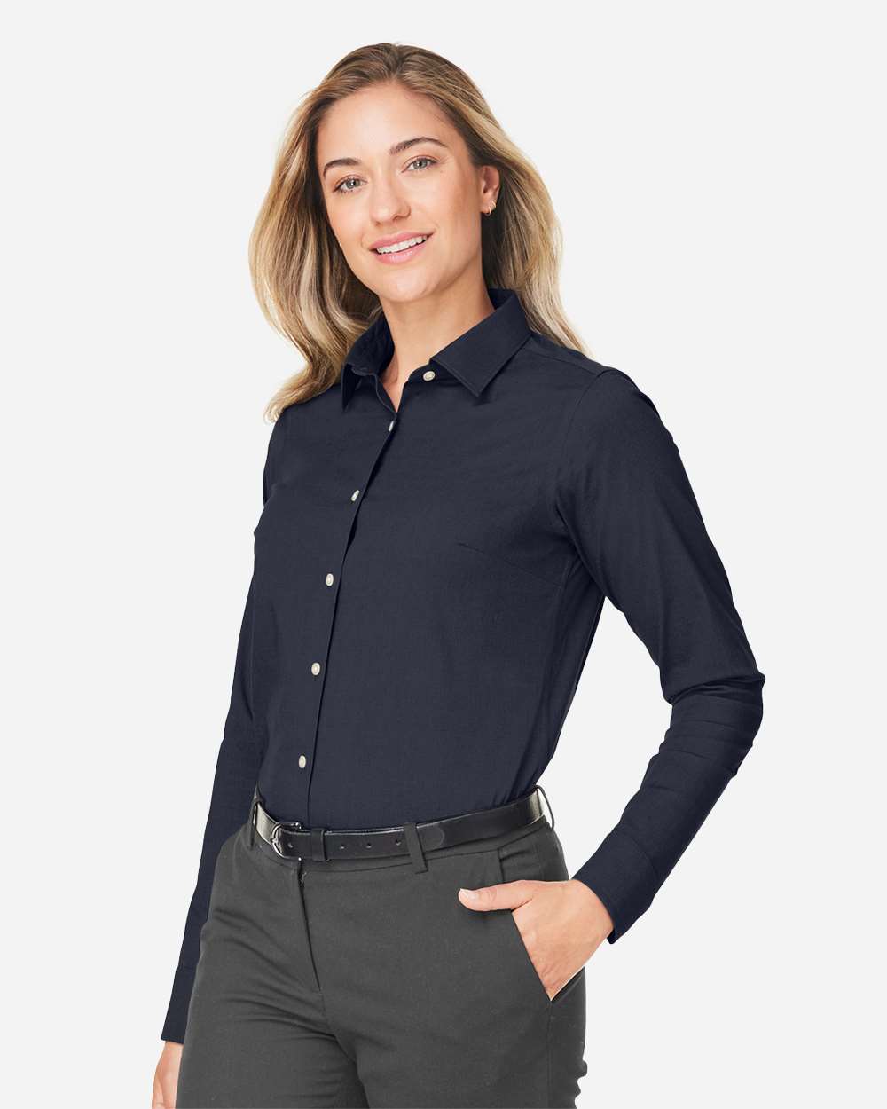 Women's CrownLux Performance® Spencer Poplin Dress Shirt - OnModelSide - B670B2652 - Navy Melange