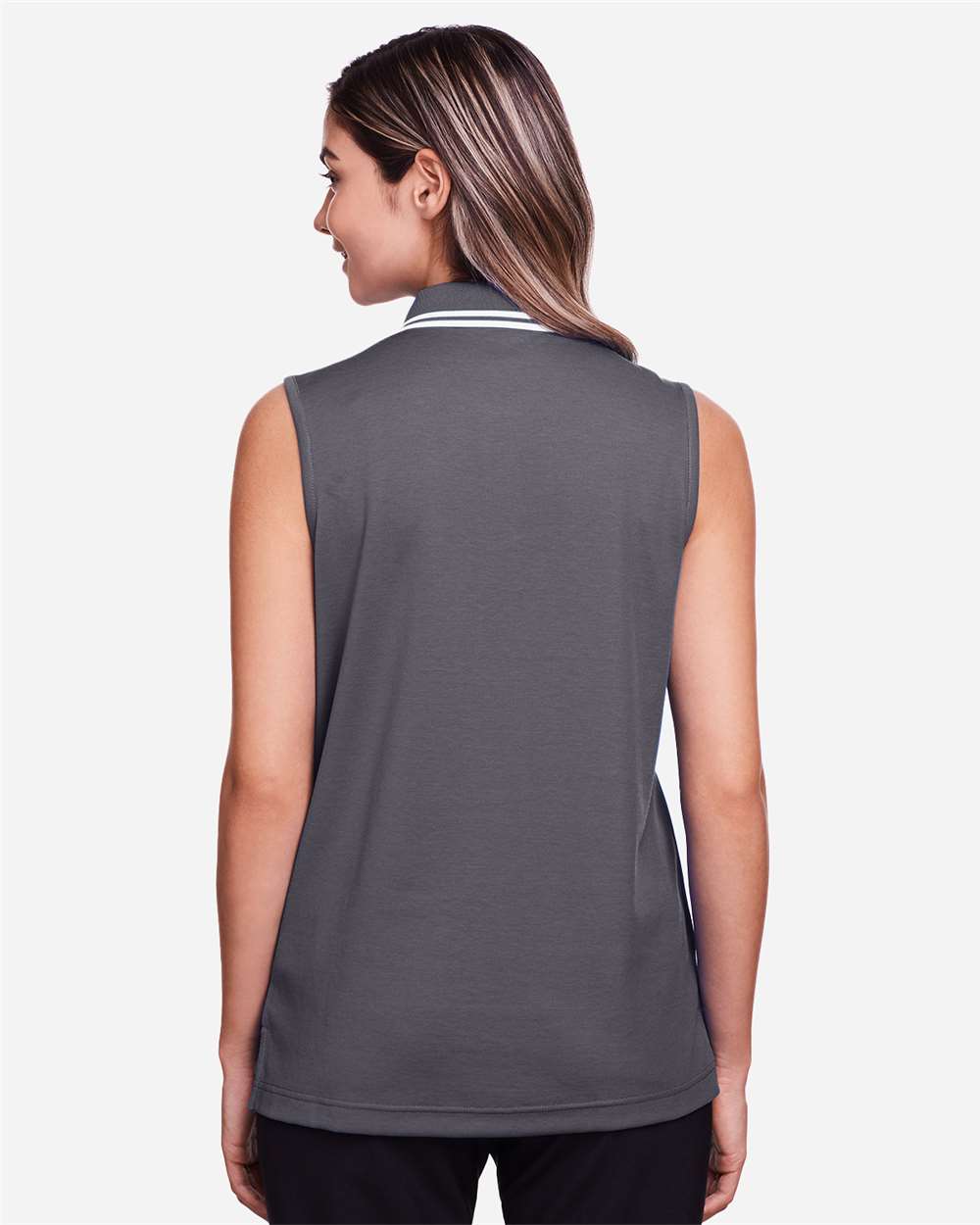 Women's CrownLux Performance® Plaited Tipped Sleeveless Polo - OnModelBack - B638B2132 - Graphite/ White