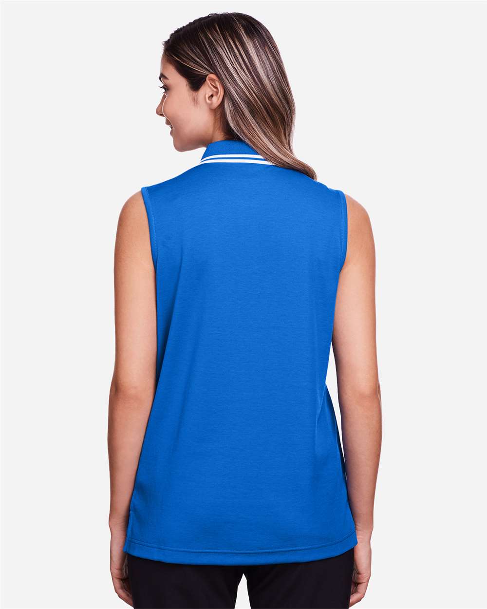 Women's CrownLux Performance® Plaited Tipped Sleeveless Polo - OnModelBack - B638B2252 - French Blue/ White