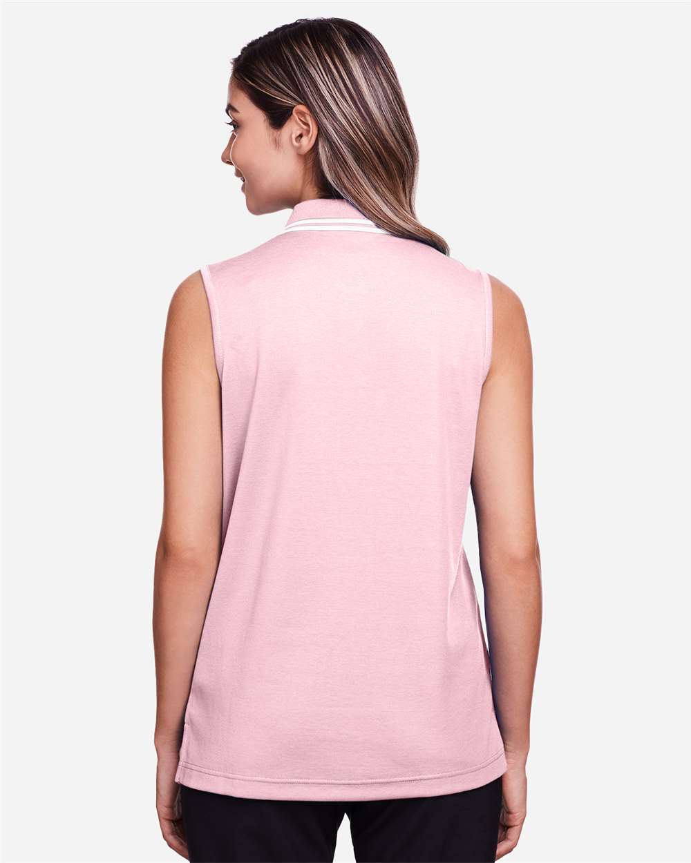 Women's CrownLux Performance® Plaited Tipped Sleeveless Polo - OnModelBack - B638B2302 - Pink/ White