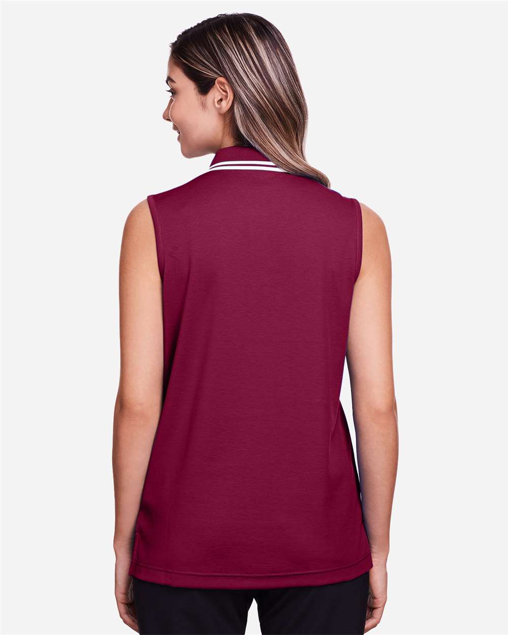 Women's CrownLux Performance® Plaited Tipped Sleeveless Polo - OnModelBack - B638B2322 - Burgundy/ White