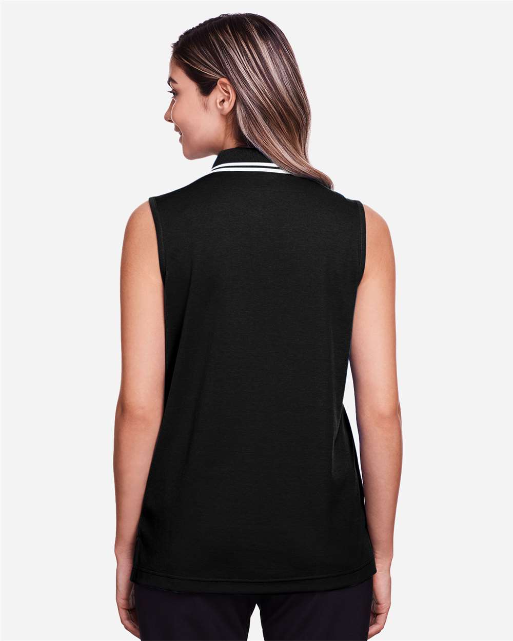 Women's CrownLux Performance® Plaited Tipped Sleeveless Polo - OnModelBack - B638B2502 - Black/ White
