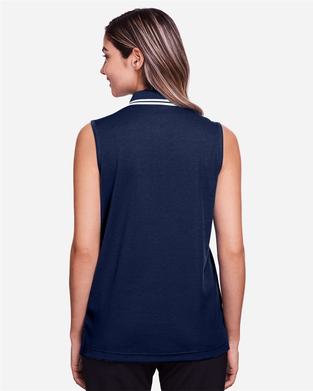 Women's CrownLux Performance® Plaited Tipped Sleeveless Polo - OnModelBack - B638B2652 - Navy/ White