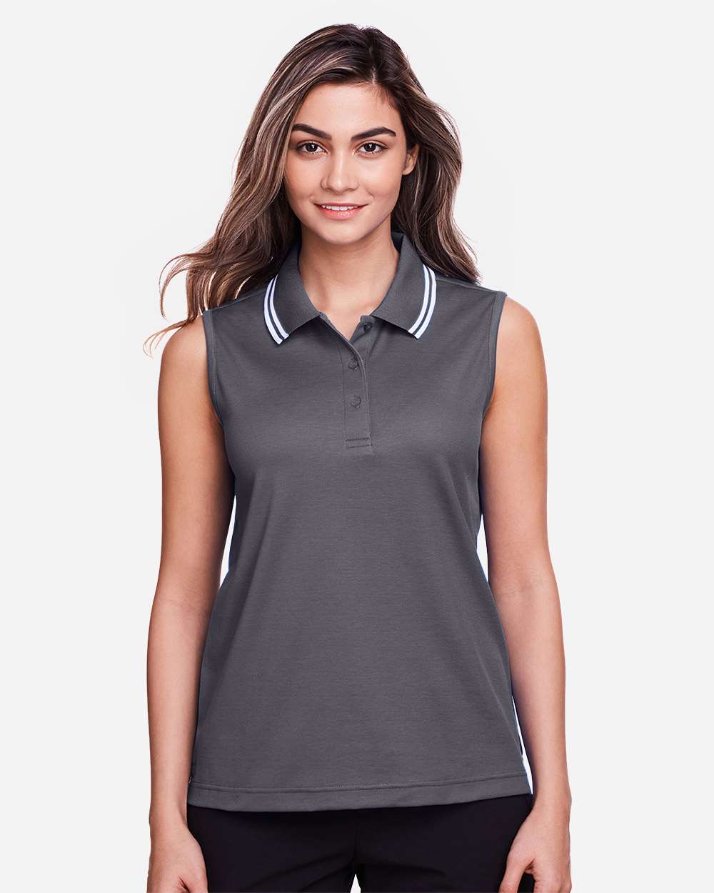 Women's CrownLux Performance® Plaited Tipped Sleeveless Polo - OnModelFront - B638B2132 - Graphite/ White