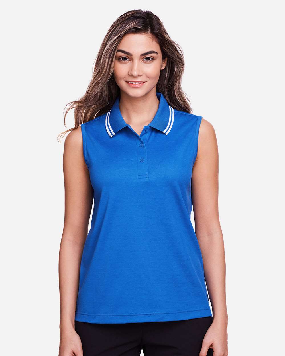Women's CrownLux Performance® Plaited Tipped Sleeveless Polo - OnModelFront - B638B2252 - French Blue/ White
