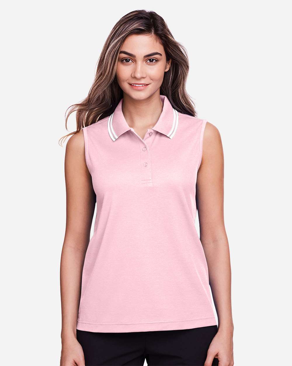 Women's CrownLux Performance® Plaited Tipped Sleeveless Polo - OnModelFront - B638B2302 - Pink/ White