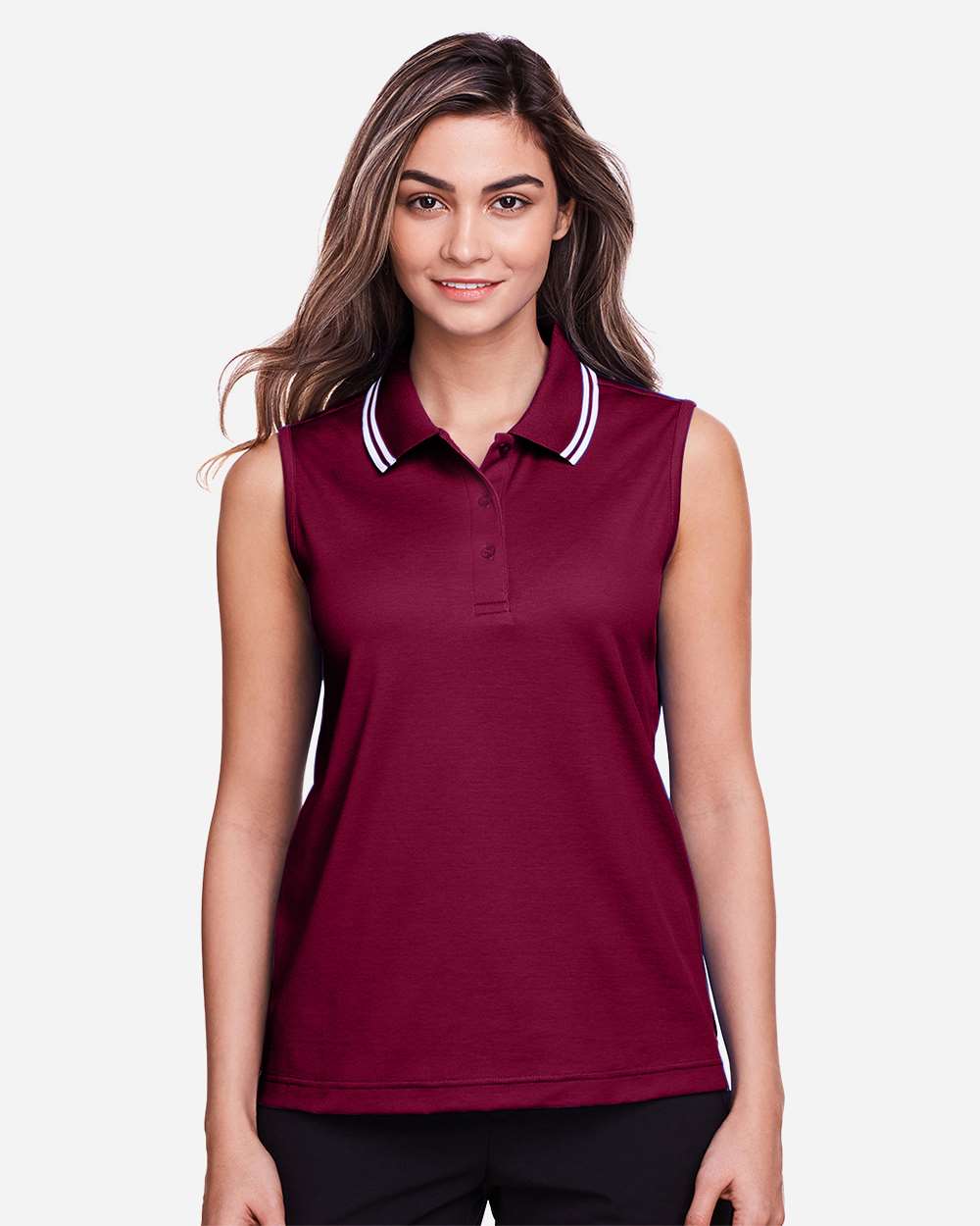 Women's CrownLux Performance® Plaited Tipped Sleeveless Polo - OnModelFront - B638B2322 - Burgundy/ White