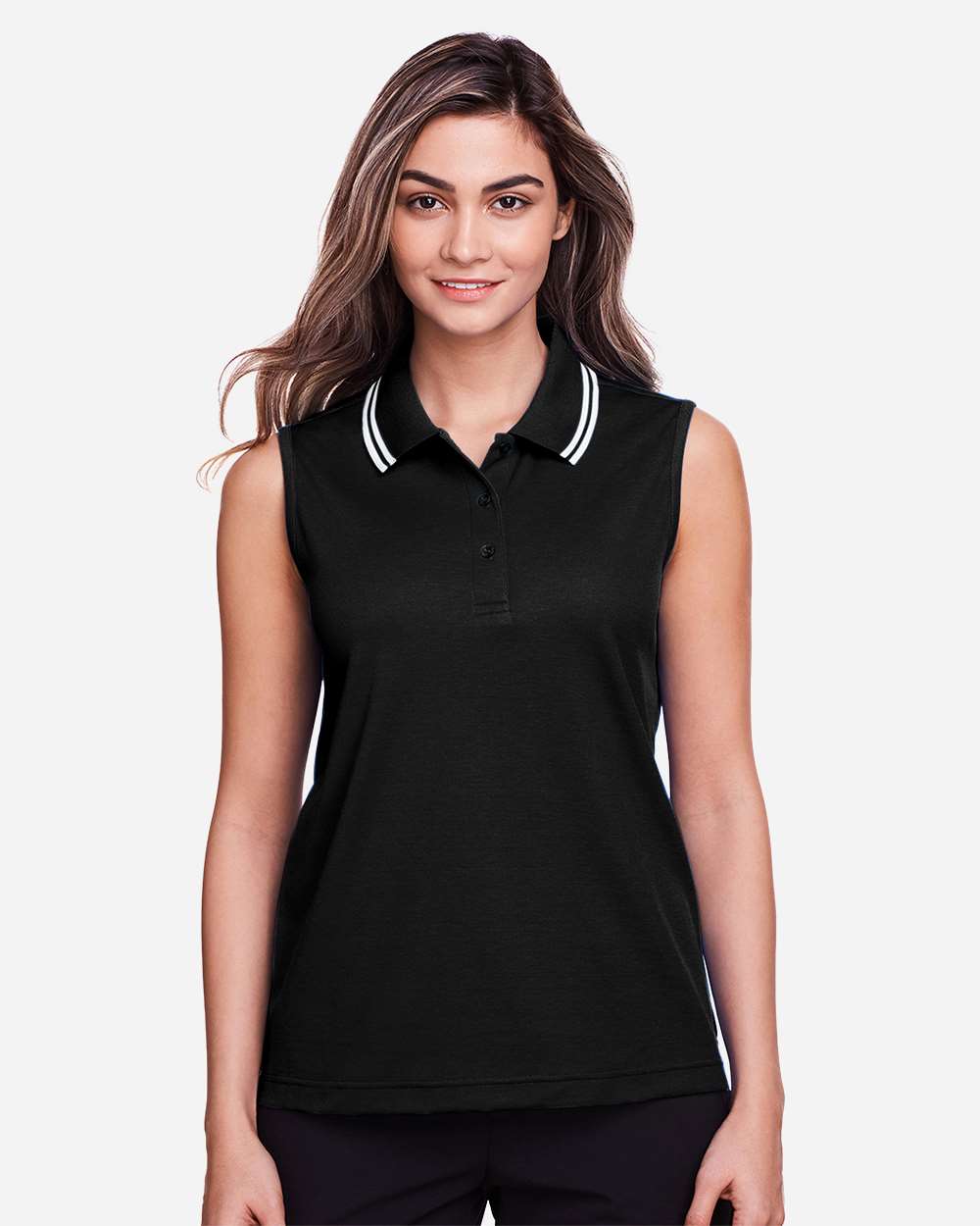 Women's CrownLux Performance® Plaited Tipped Sleeveless Polo - OnModelFront - B638B2502 - Black/ White