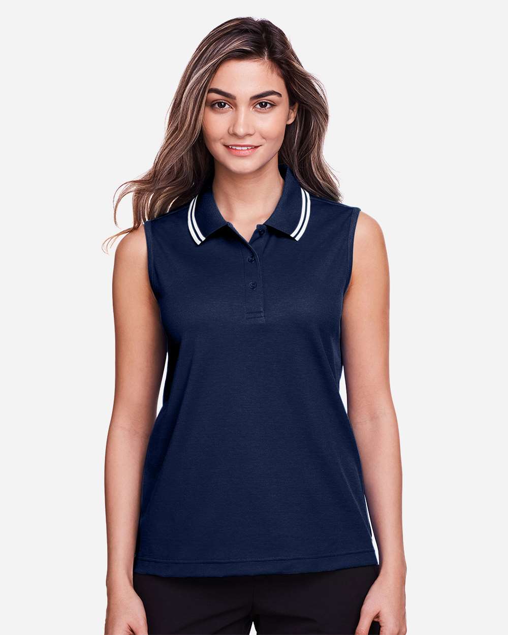 Women's CrownLux Performance® Plaited Tipped Sleeveless Polo - OnModelFront - B638B2652 - Navy/ White