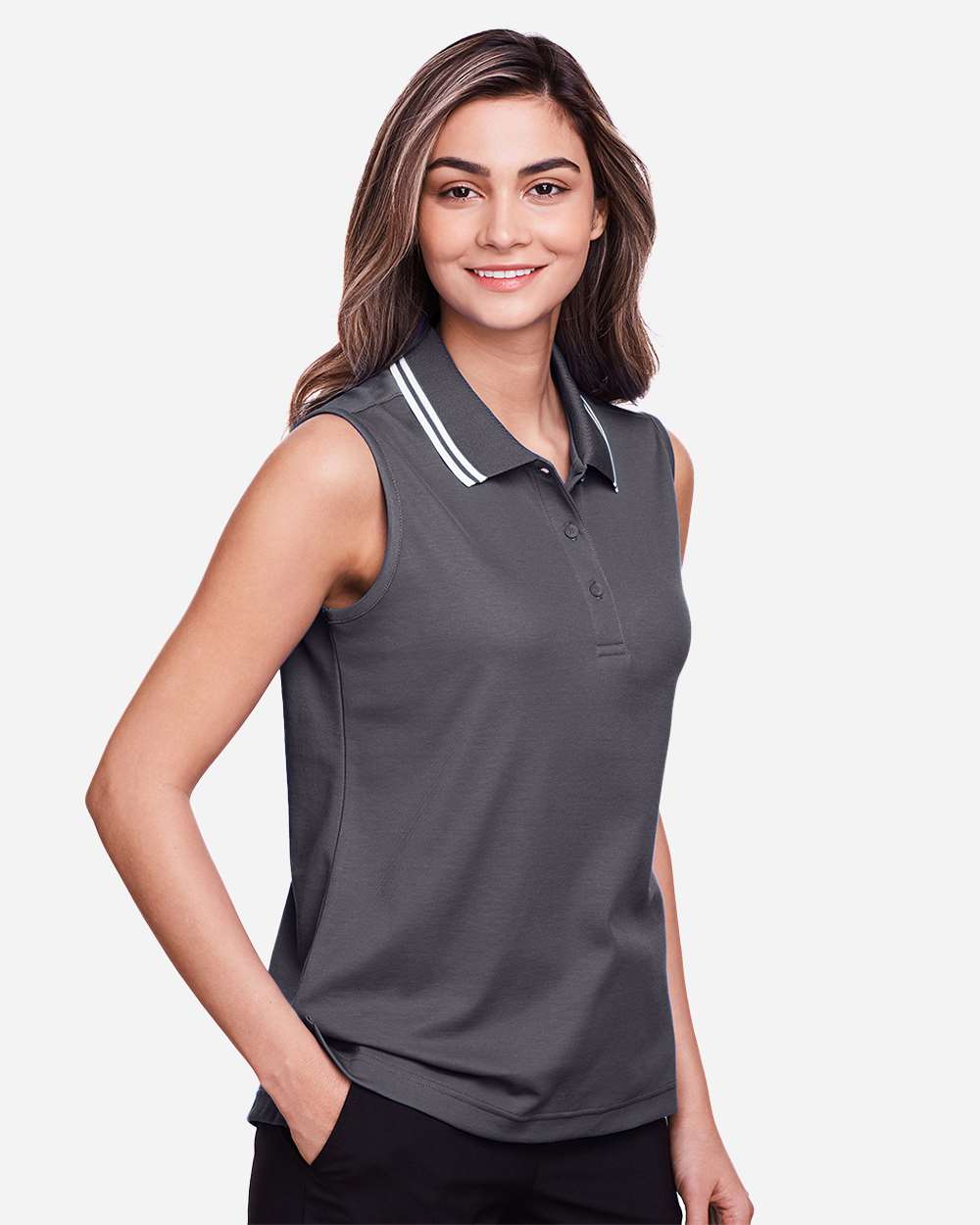 Women's CrownLux Performance® Plaited Tipped Sleeveless Polo - OnModelSide - B638B2132 - Graphite/ White