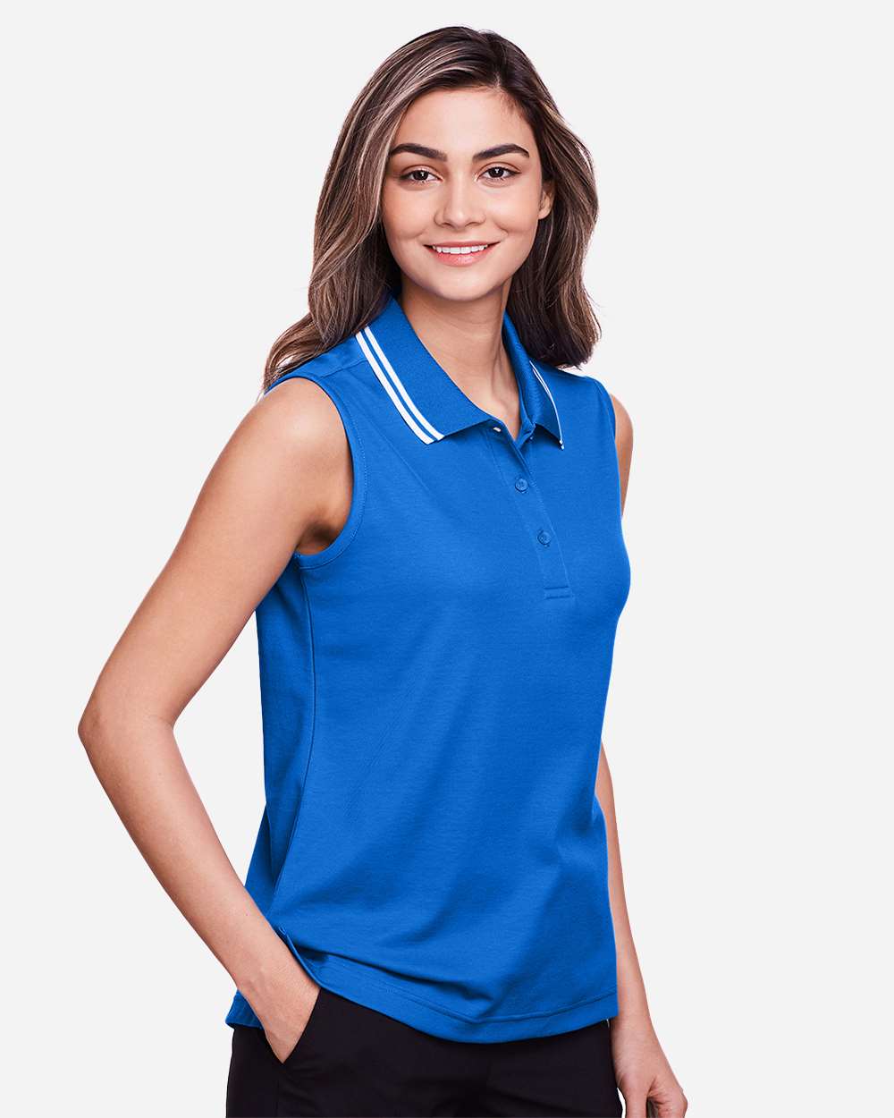 Women's CrownLux Performance® Plaited Tipped Sleeveless Polo - OnModelSide - B638B2252 - French Blue/ White