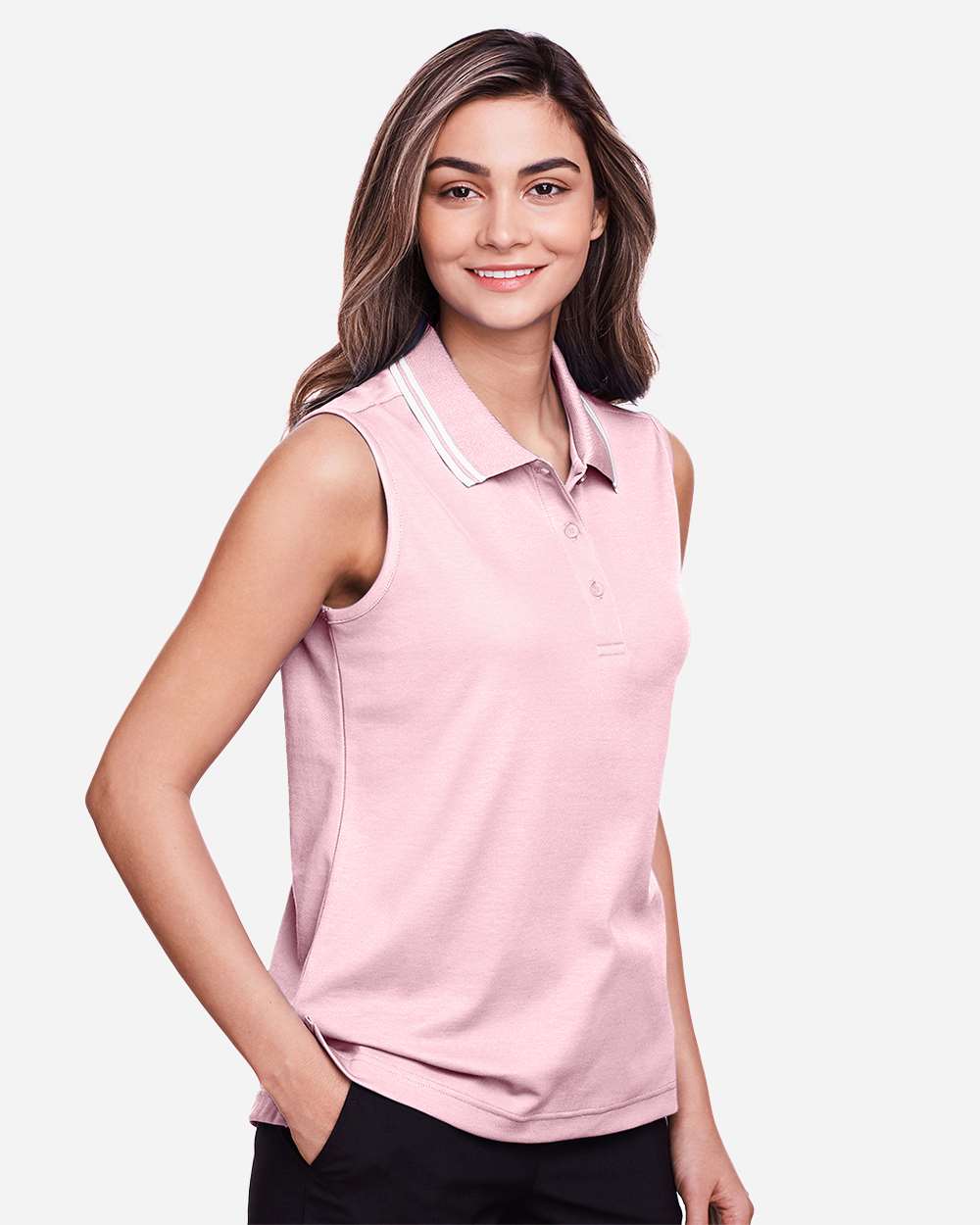 Women's CrownLux Performance® Plaited Tipped Sleeveless Polo - OnModelSide - B638B2302 - Pink/ White