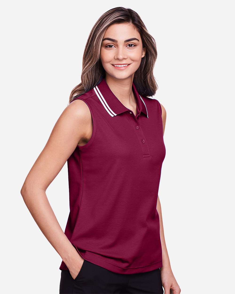Women's CrownLux Performance® Plaited Tipped Sleeveless Polo - OnModelSide - B638B2322 - Burgundy/ White