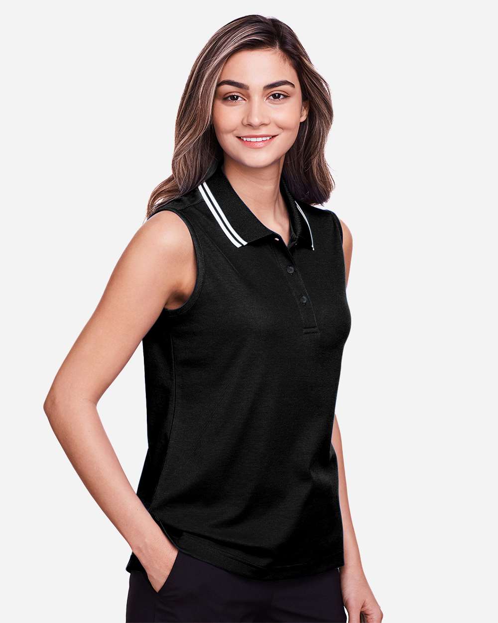 Women's CrownLux Performance® Plaited Tipped Sleeveless Polo - OnModelSide - B638B2502 - Black/ White