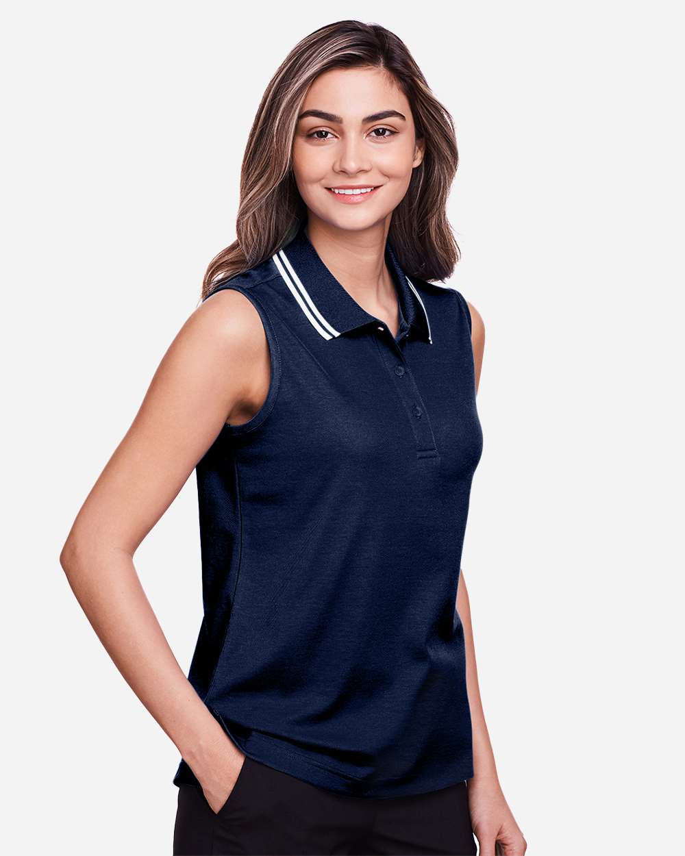 Women's CrownLux Performance® Plaited Tipped Sleeveless Polo - OnModelSide - B638B2652 - Navy/ White