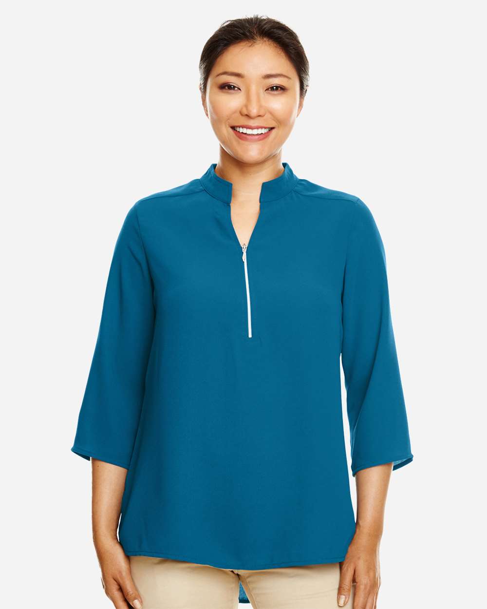 Women's Perfect Fit™  Three-Quarter Sleeve Crepe Tunic - OnModelFront - B729B2782 - Dark Teal