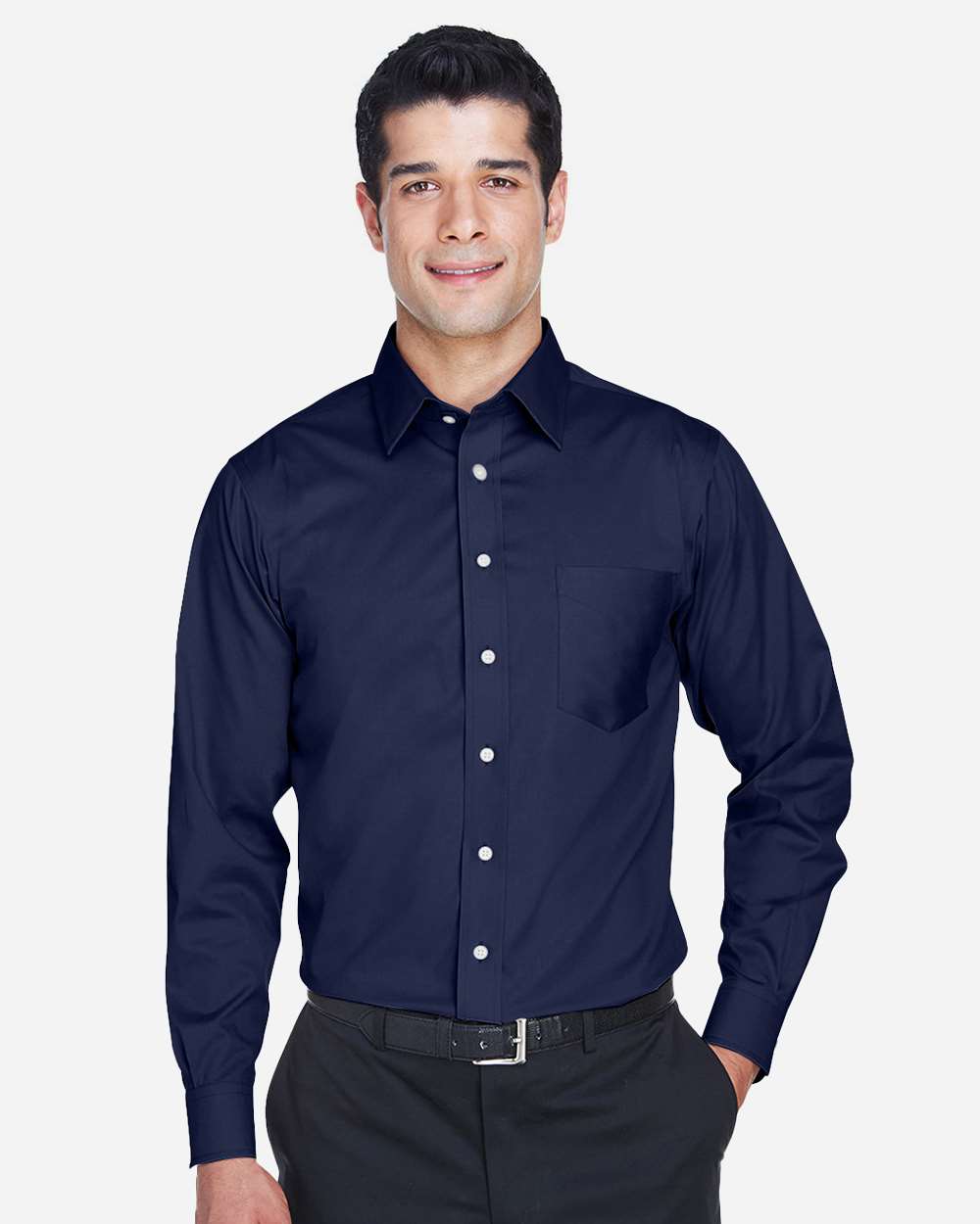 Men's Tall Crown Collection® Solid Stretch Twill Woven Dress Shirt - OnModelFront - B675B2656 - Navy