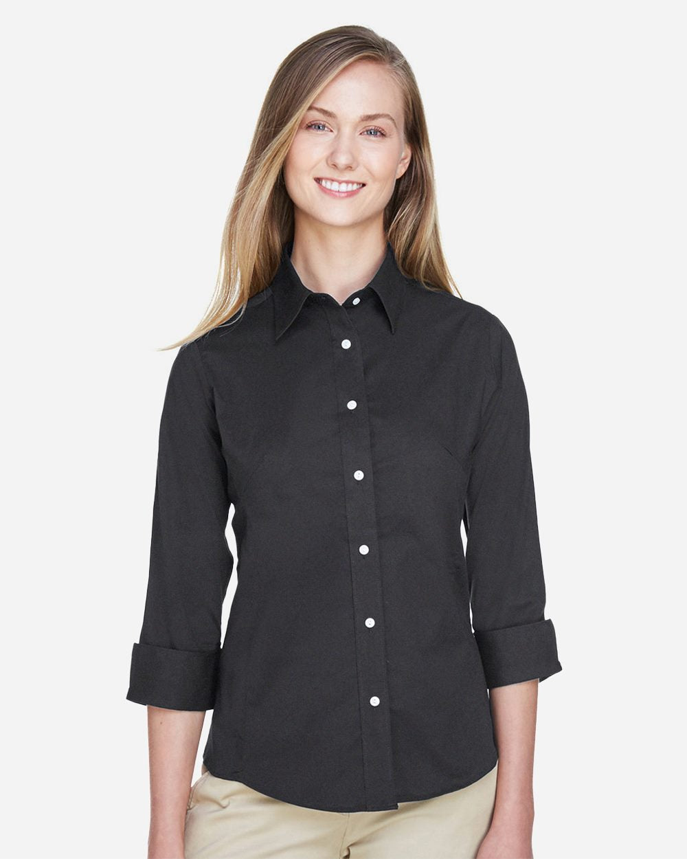 Women's Perfect Fit™ Three-Quarter Sleeve Stretch Poplin Dress Shirt - styleImage