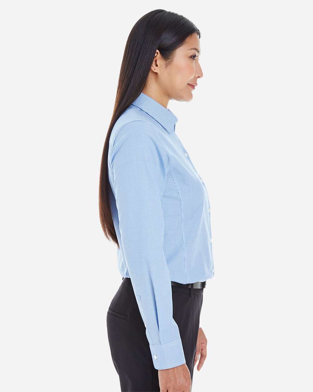 Women's Crown Collection® Royal Dobby Woven Dress Shirt - OnModelSide - B678B2252 - French Blue