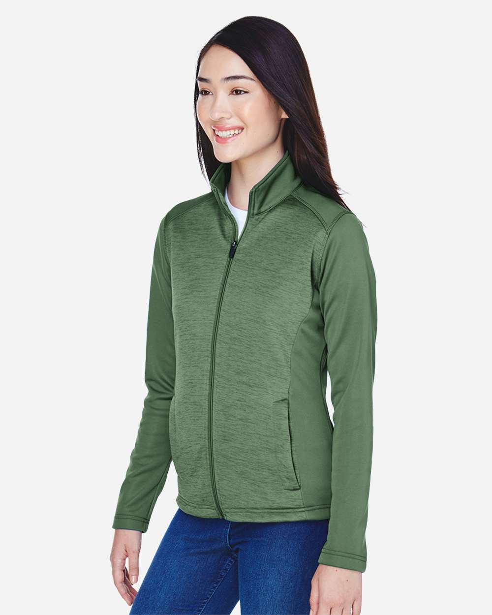 Women's Newbury Colorblock Mélange Fleece Full-Zip Jacket - OnModelSide - B713B2542 - Forest/ Forest Heather