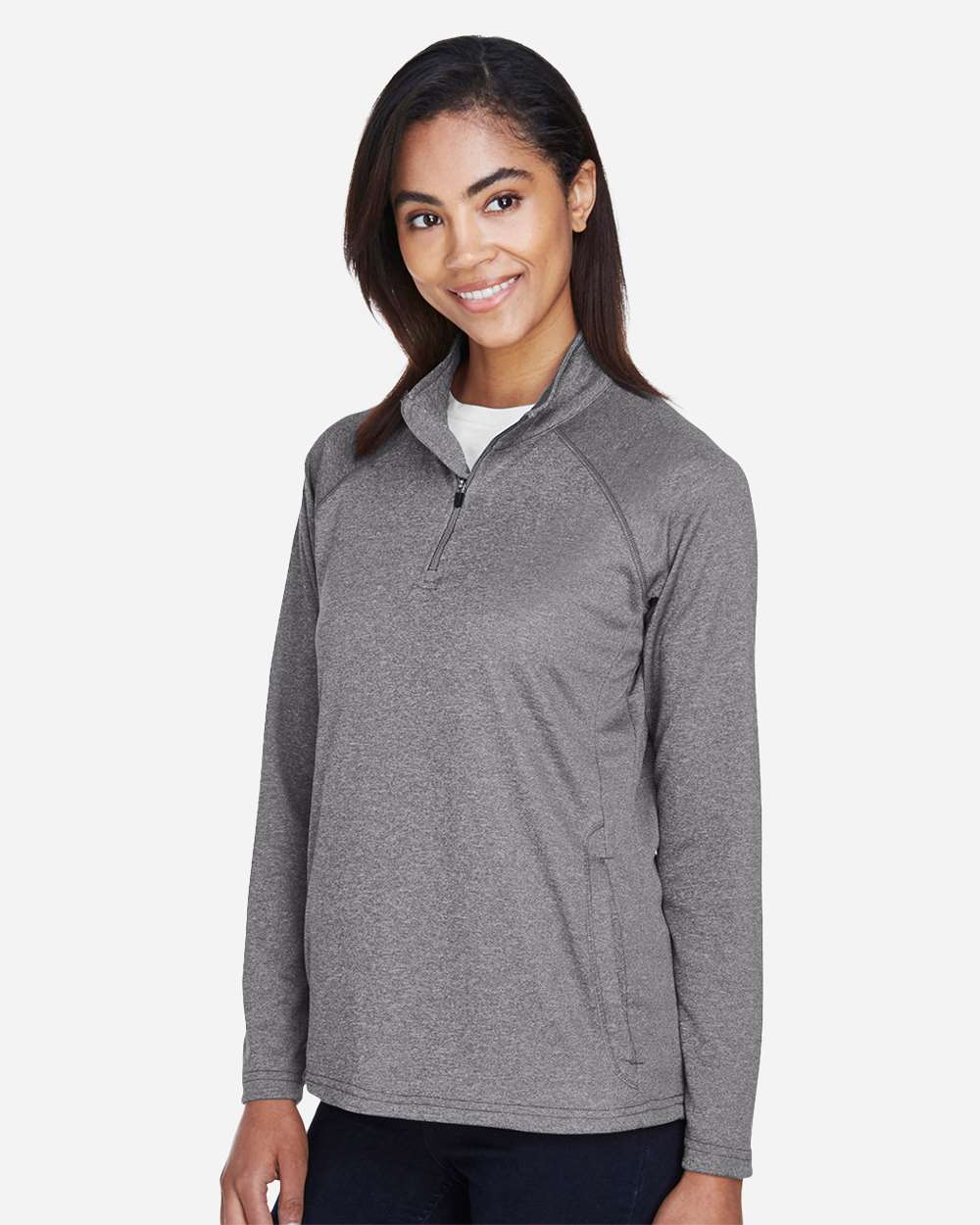 Women's Stretch Tech-Shell® Compass Quarter-Zip Pullover - OnModelSide - B657B2353 - Dark Grey Heather