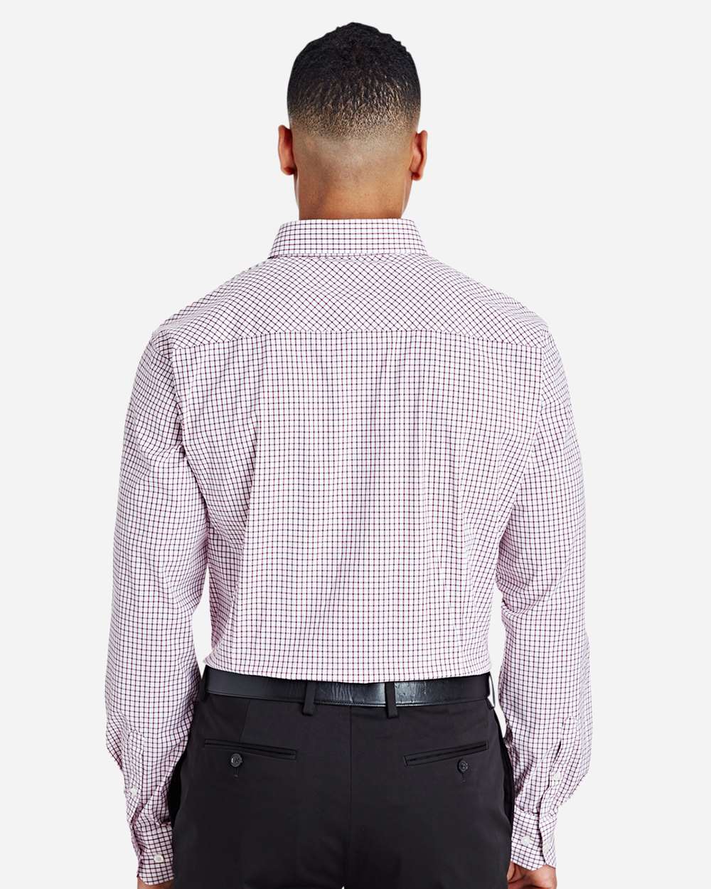 Men's CrownLux Performance® Micro Windowpane Woven Dress Shirt - OnModelBack - B687B2323 - Burgundy/ White