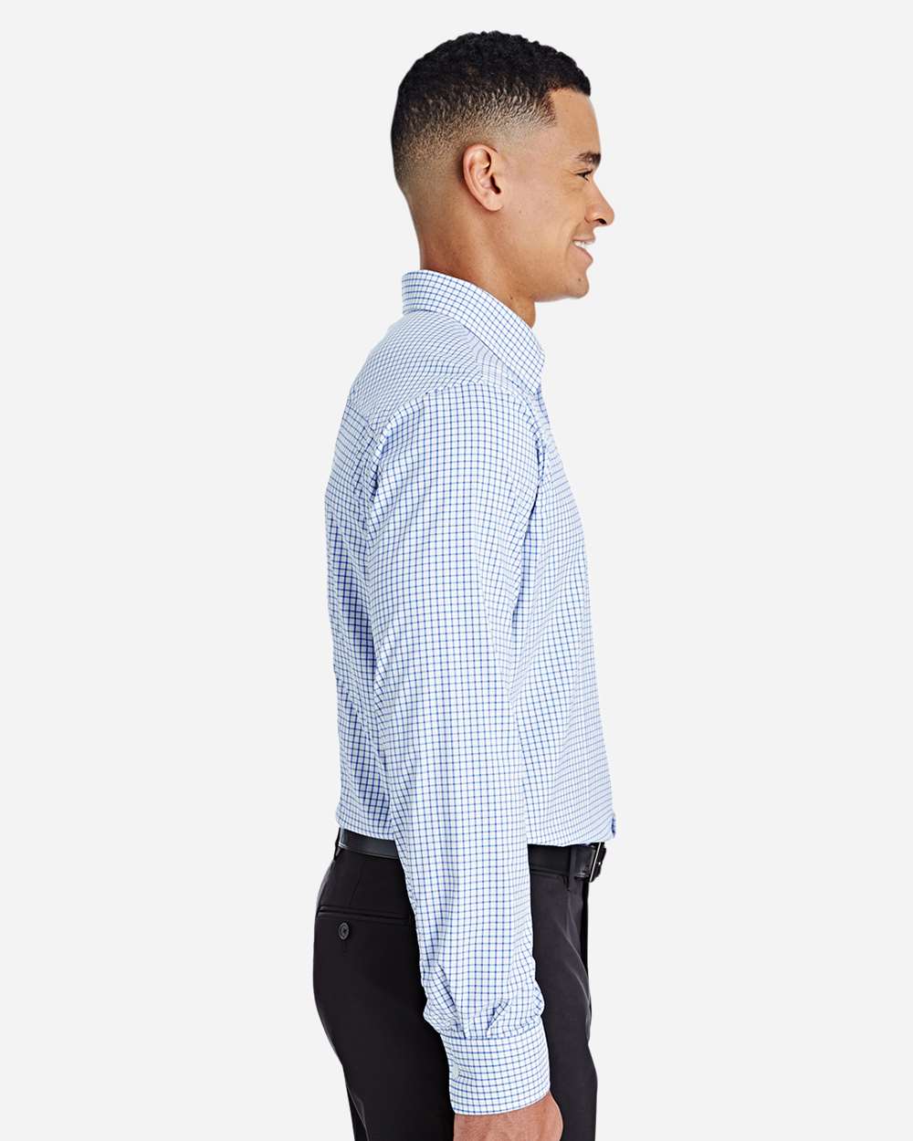 Men's CrownLux Performance® Micro Windowpane Woven Dress Shirt - OnModelSide - B687B2253 - French Blue/ White