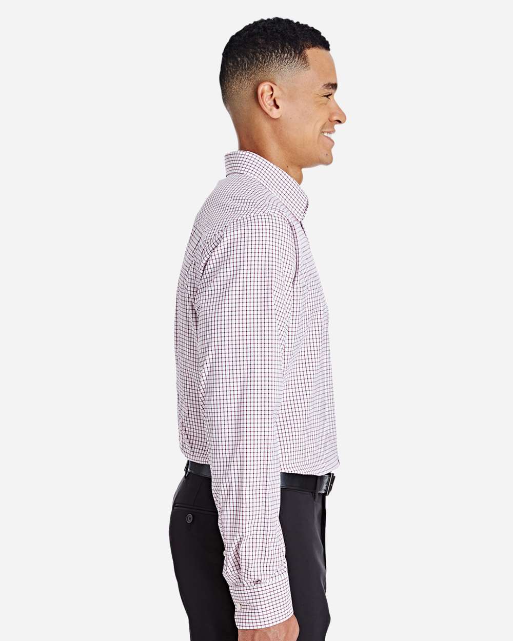 Men's CrownLux Performance® Micro Windowpane Woven Dress Shirt - OnModelSide - B687B2323 - Burgundy/ White