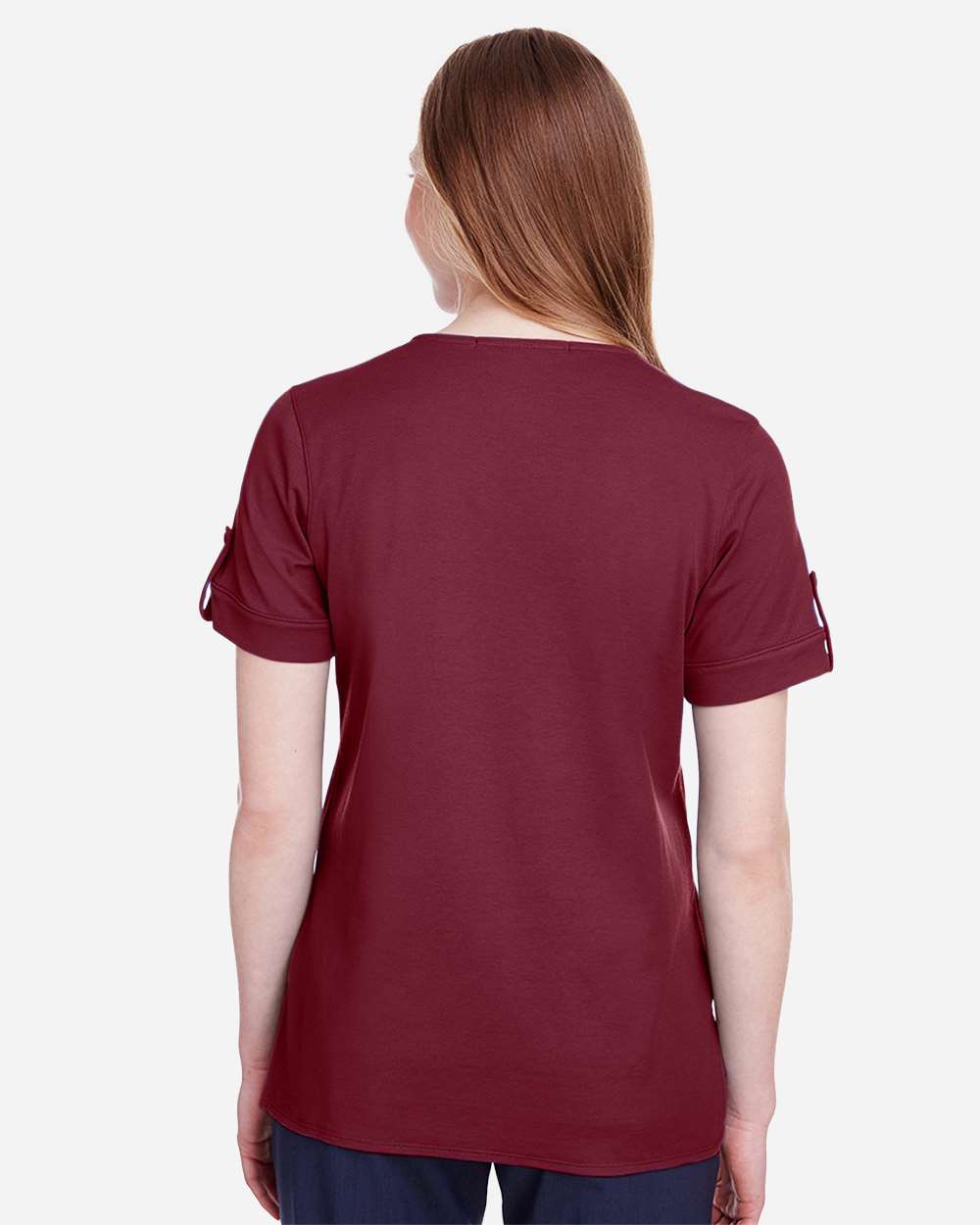 Women's CrownLux Performance® Plaited Rolled Sleeve Shirt - OnModelBack - B641B2322 - Burgundy