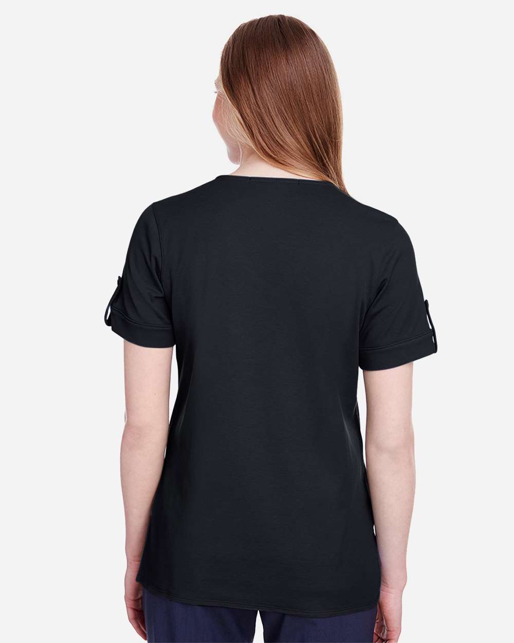 Women's CrownLux Performance® Plaited Rolled Sleeve Shirt - OnModelBack - B641B2502 - Black