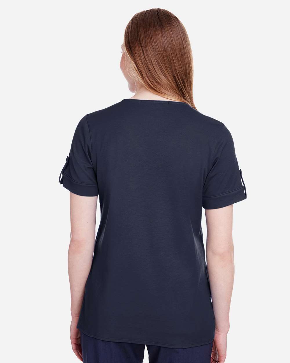 Women's CrownLux Performance® Plaited Rolled Sleeve Shirt - OnModelBack - B641B2652 - Navy