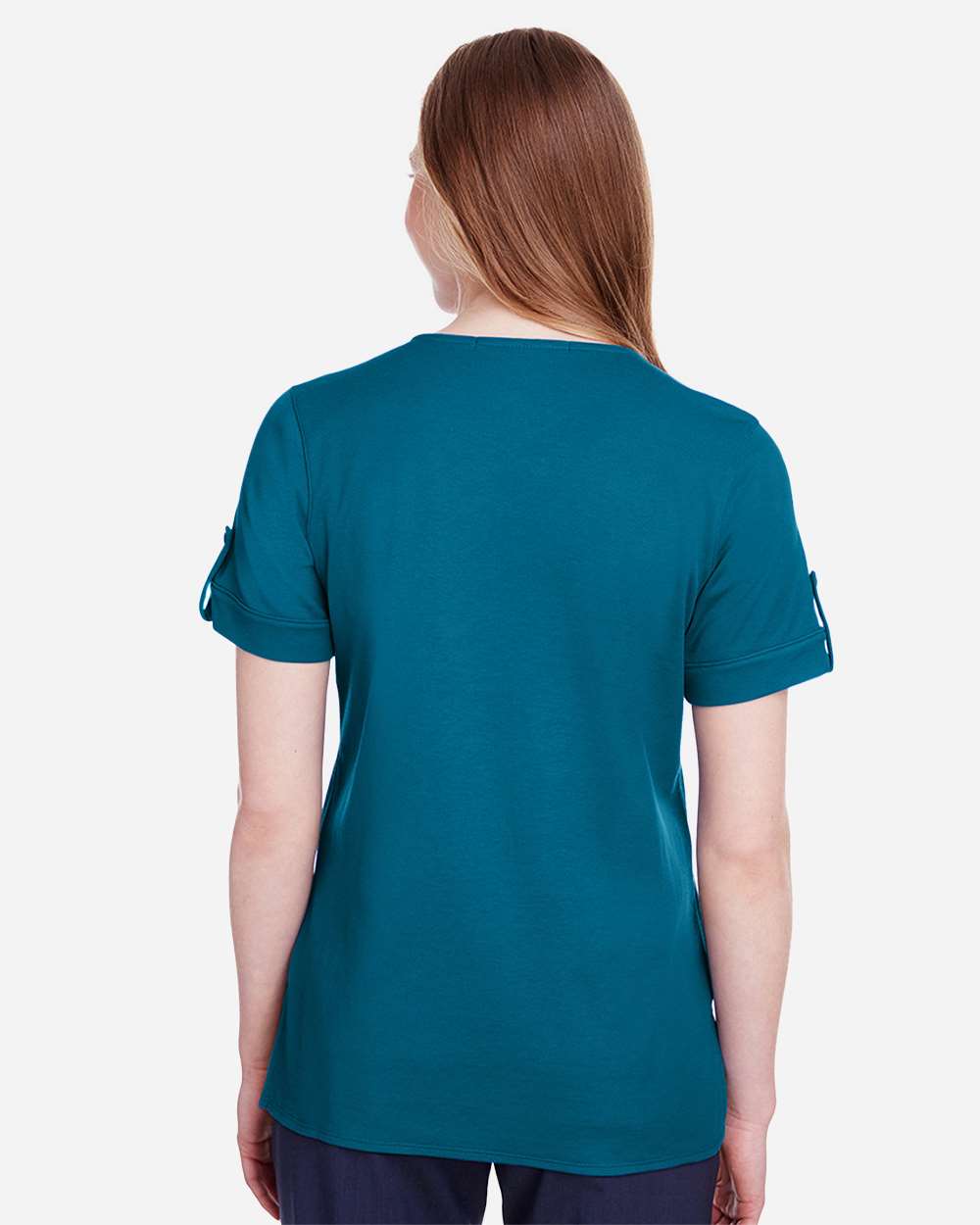 Women's CrownLux Performance® Plaited Rolled Sleeve Shirt - OnModelBack - B641B2782 - Dark Teal