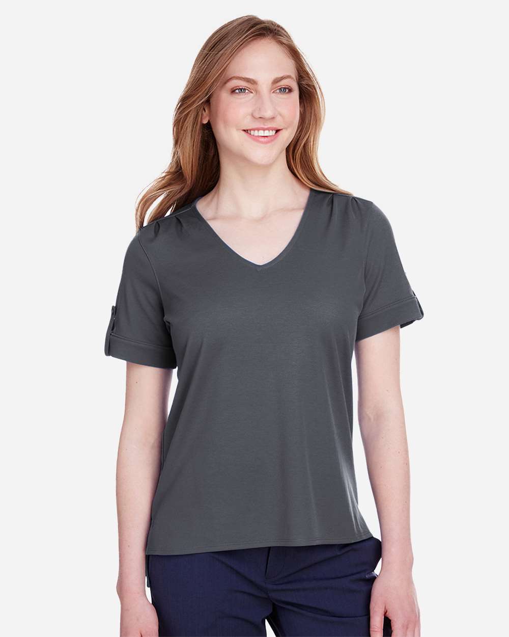 Women's CrownLux Performance® Plaited Rolled Sleeve Shirt - OnModelFront - B641B2202 - Graphite