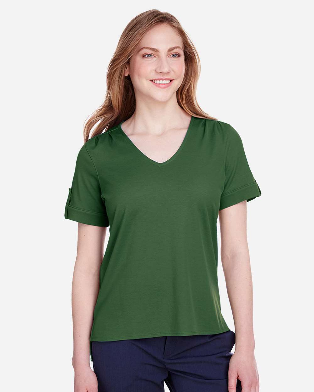 Women's CrownLux Performance® Plaited Rolled Sleeve Shirt - OnModelFront - B641B2542 - Forest