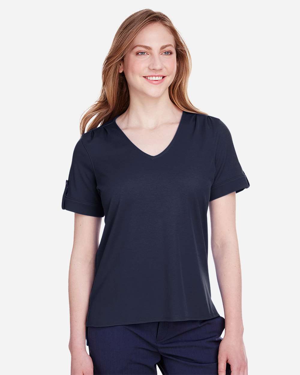 Women's CrownLux Performance® Plaited Rolled Sleeve Shirt - OnModelFront - B641B2652 - Navy