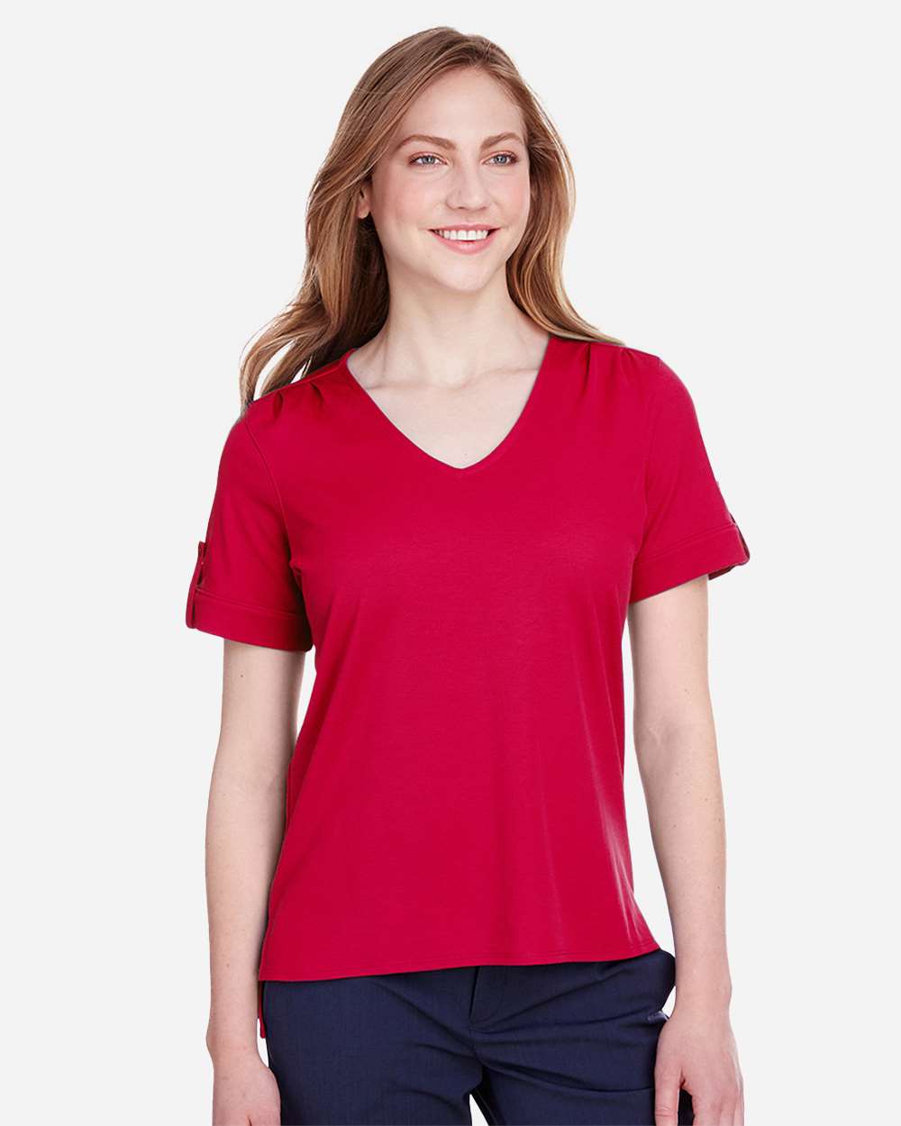 Women's CrownLux Performance® Plaited Rolled Sleeve Shirt - OnModelFront - B641B2702 - Red